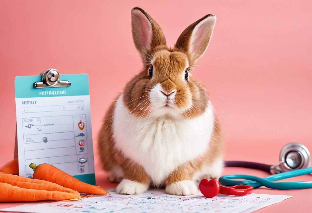 An adorable fluffy bunny sitting on a checklist filled with colorful icons like a stethoscope, heart, and pet insurance policy. Surrounding the bunny are playful elements like carrot-shaped health tips and a background of soft pastels symbolizing peace and care. The scene conveys a nurturing, informative atmosphere, with a focus on pet health coverage essentials. vibrant colors. whimsical illustration.