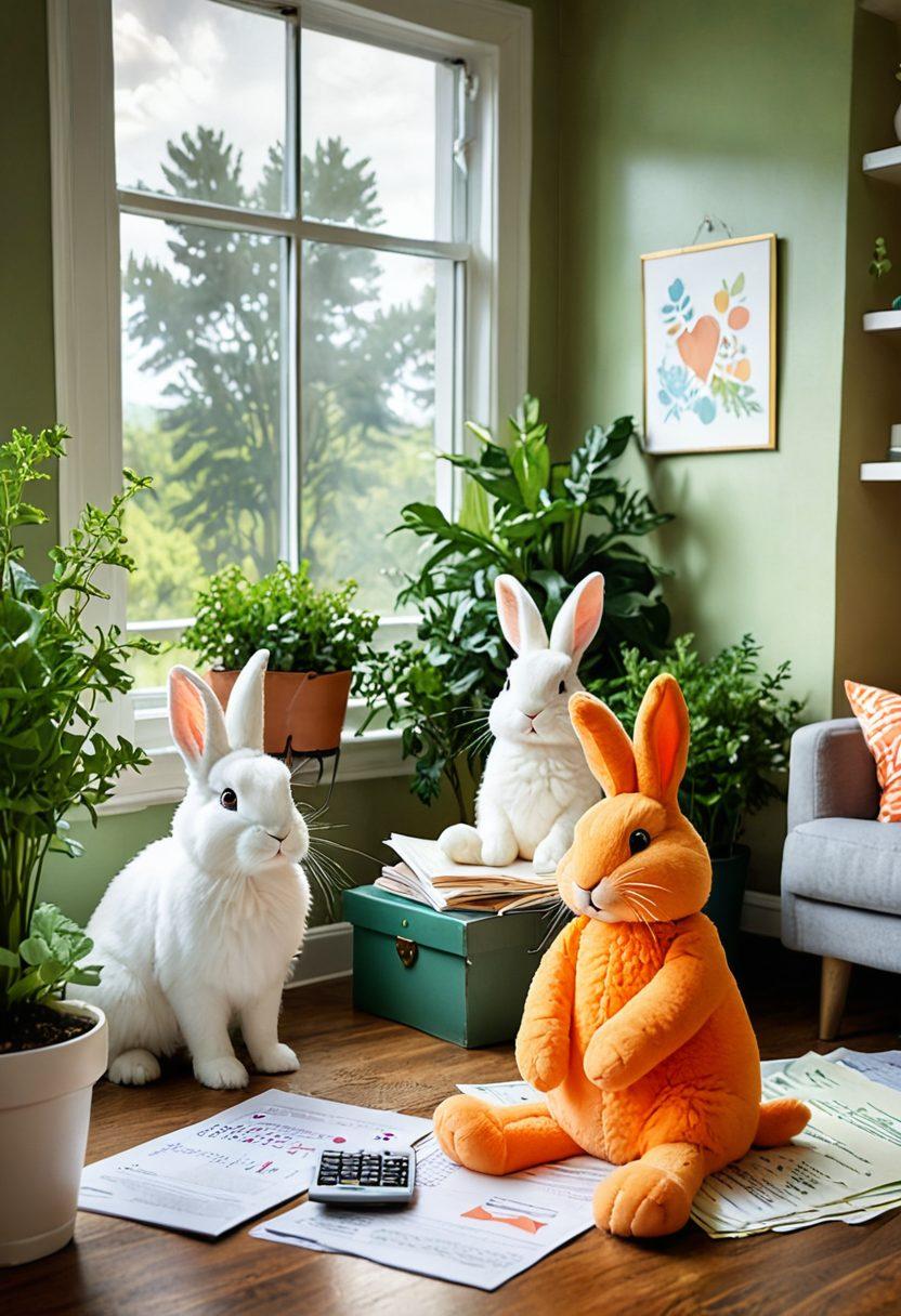 A cheerful bunny family in a cozy living room, surrounded by health insurance documents and a calculator, emphasizing the importance of pet health insurance. The bunnies are depicted in various playful poses, with a backdrop of vibrant green plants and a sunny window to represent a safe home environment. Incorporate whimsical elements like carrots and heart-shaped clouds. cartoonish style. bright colors. playful atmosphere.