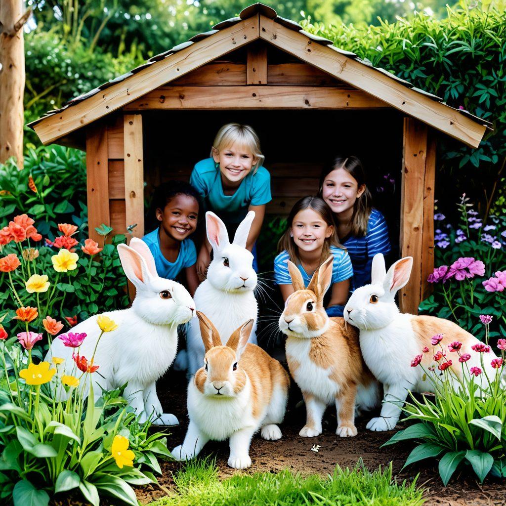 A heartwarming scene of a diverse group of people caring for happy rabbits in a lush, green garden. Include elements like a cozy rabbit shelter, a few children gently petting rabbits, and a colorful flower bed surrounding them. The atmosphere should feel nurturing and joyful, conveying a sense of community dedicated to rabbit welfare. soft focus, bright colors. watercolor.